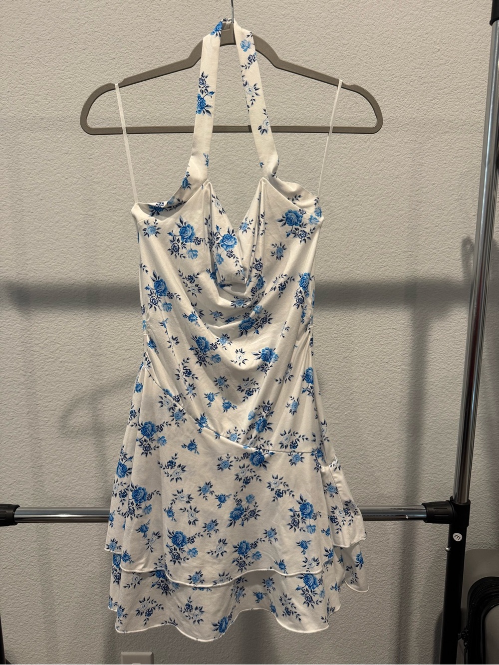 SHEIN Blue Floral Halter Mini Dress on Cream